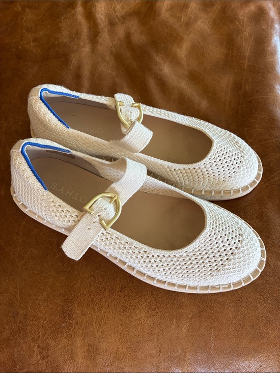 Rothy's Shoes - Rothy's Cream Knit Mary Jane Espadrille Flats with Gold Buckle
